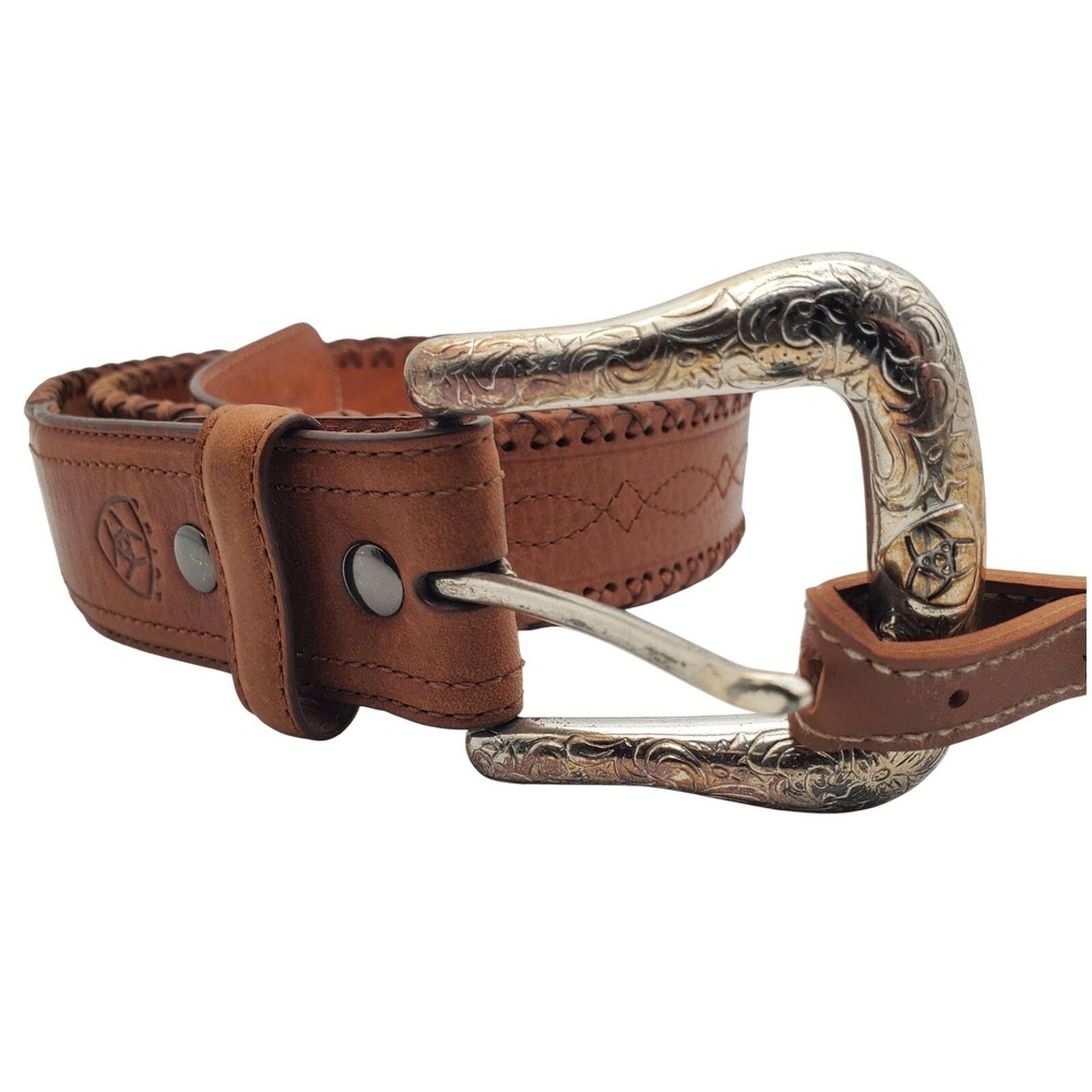 Ariat Brown Leather Belt 42 Western Silver Tone Buckle Whip Stitch Baxter Black